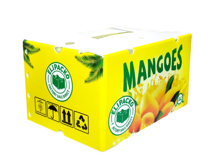 Ventilated cardboard mango tray with reinforced corners for stacking