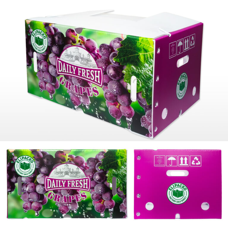 Stackable corrugated grape box with reinforced handles for retail and export